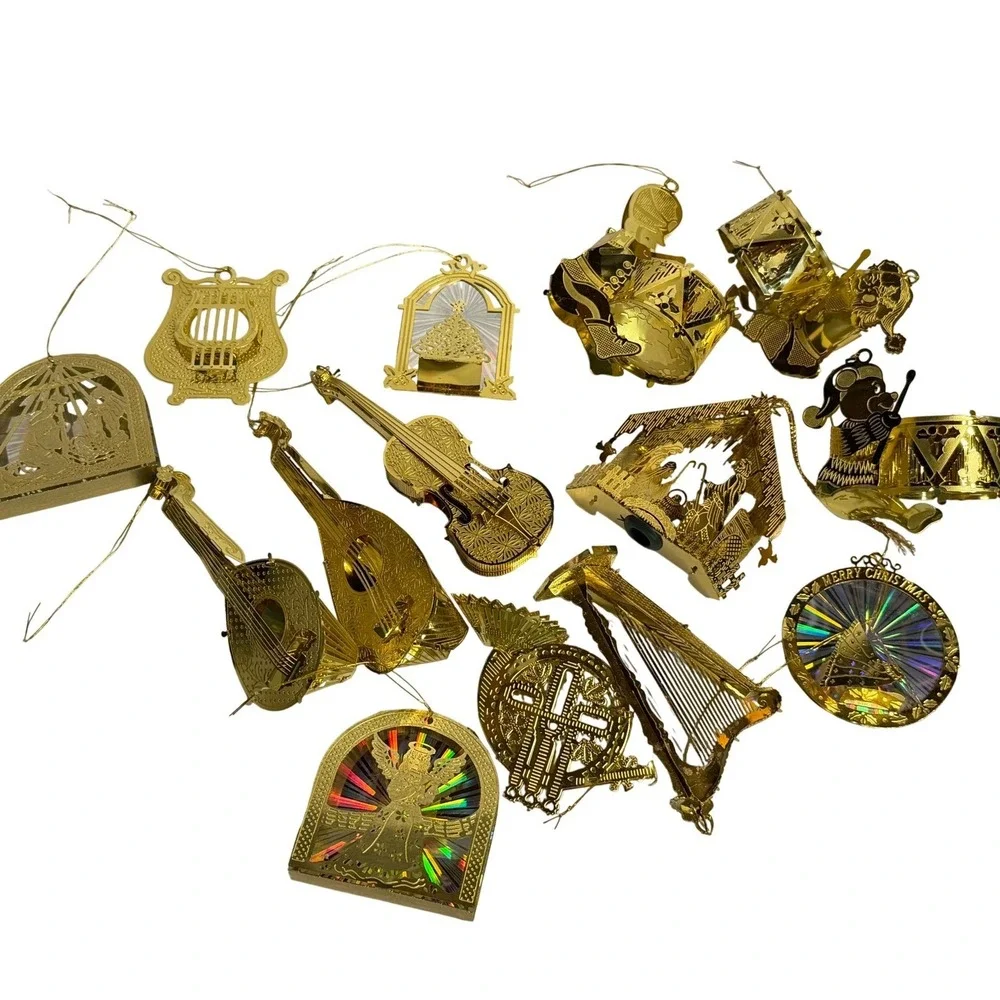 VTG Christmas Ornaments Gold Metal Musical Instruments Nativity Lot Prismatic 13